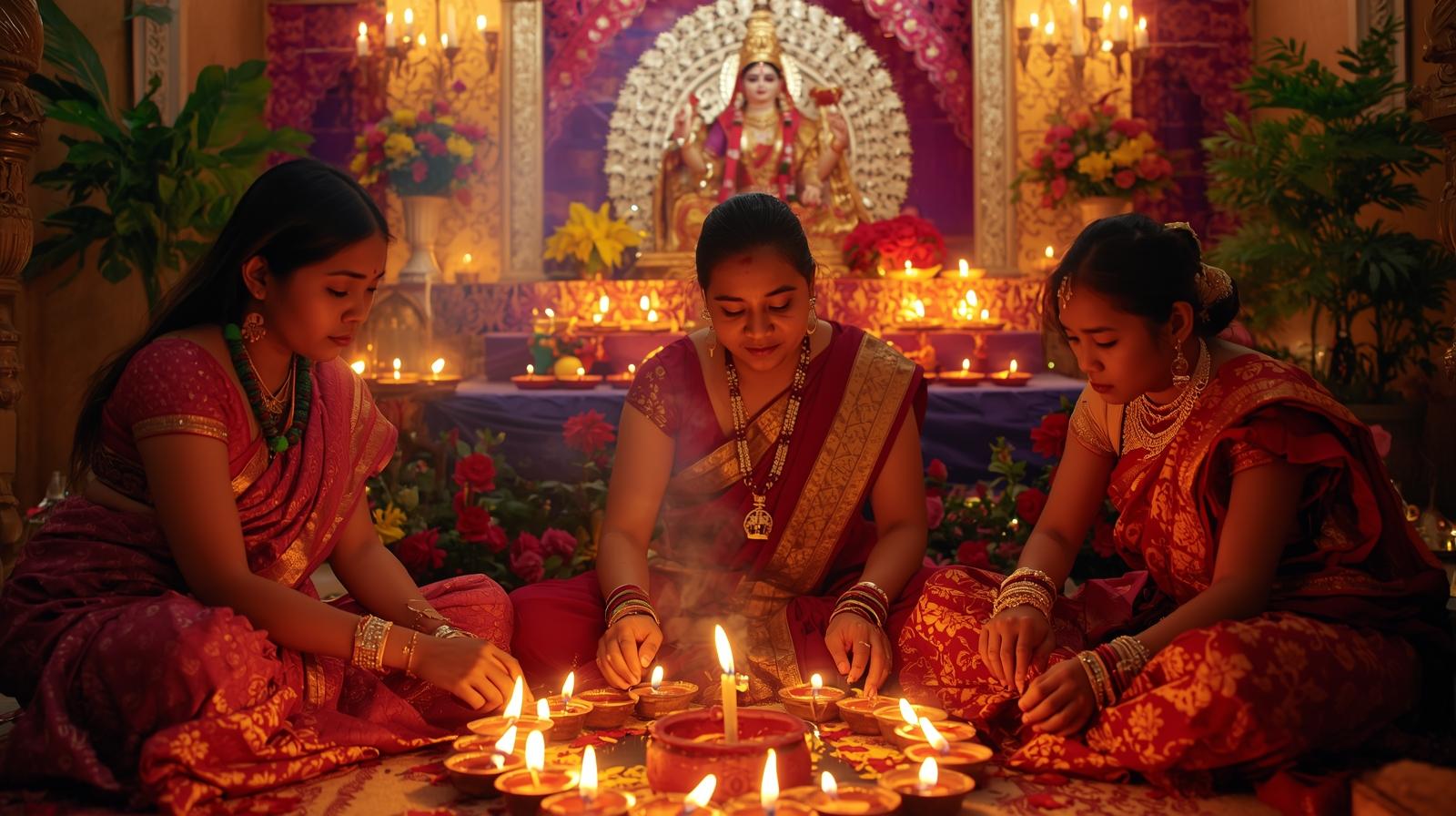 A family performing Lakshmi Puja during Diwali pradosh with diyas lit